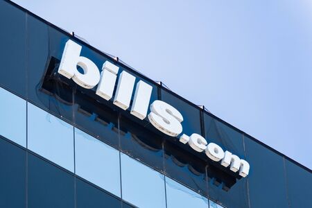 August 24, 2019 San Mateo / CA / USA - Bills.com sign at their headquarters in Silicon Valley; Bills.com (a subsidiary of Freedom Financial Network) is a US-based website providing financialのeditorial素材