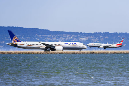 September 1, 2019 Burlingame / CA / USA - United Airlines aircraft preparing to take off and...