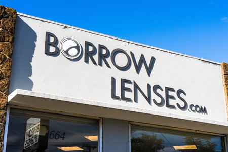Sep 25, 2019 San Carlos / CA / USA - BorrowLenses sign at the renting office in San Francisco Bay...