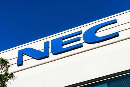 Aug 17, 2019 Santa Clara / CA / USA - NEC logo at their headquarters in Silicon Valley; NEC Corporation is a Japanese multinational information technology and electronics companyのeditorial素材