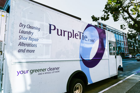 Sep 20, 2019 San Francisco / CA / USA - PurpleTie van; PurpleTie offers Dry Cleaning, Laundry and...