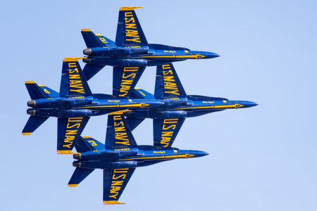 Oct 12, 2019 San Francisco / CA / USA - The Blue Angels flying in formation for Fleet Week airshow;...