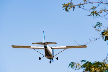 Small, private airplane preparing to land at a regional airport in South San Francisco bay area, California; space for copy on the upper left side; tree branches visible on the right sideの写真素材
