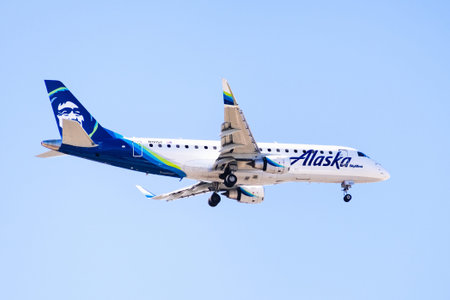 Oct 20, 2019 San Jose / CA / USA - Alaska Airlines aircraft flying approaching Norman Y. Mineta San...