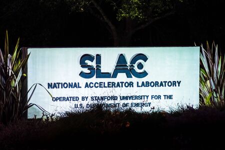 Oct 19, 2019 Menlo Park / CA / USA - Sign displayed at the entrance to SLAC National Accelerator Laboratory in Silicon Valleyのeditorial素材