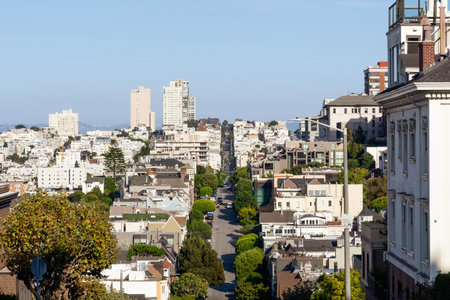 Landscape in the Pacific Heights residential neighborhood on a sunny day with blue sky, San...