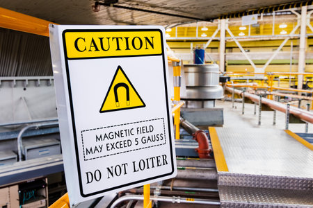 Magnetic field hazard symbol posted in a laboratory; Warning posted: 'Caution; Magnetic field may...
