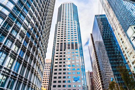 Oct 26, 2019 San Francisco / CA / USA - Salesforce West tower displaying the Company's logo,...