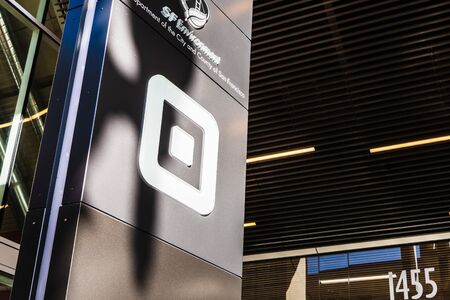 Aug 21, 2019 San Francisco / CA / USA - Close up of Square sign at their headquarters in SoMa district; Square, Inc. is a financial services, merchant services aggregator, and mobile payment companyのeditorial素材