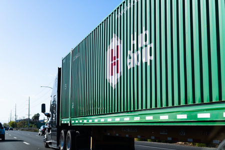 Oct 18, 2019 San Jose / CA / USA - Hub Group truck driving on the freeway; Hub Group is a...