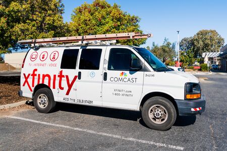 Oct 22, 2019 Santa Clara / CA / USA - Comcast Cable / Xfinity service stopped in a parking lot; Comcast is the largest home internet service provider in the United Statesのeditorial素材