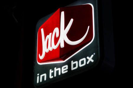 Oct 20, 2019 Redwood City / CA / USA - Night view of Jack in the box sign at one of their locations...