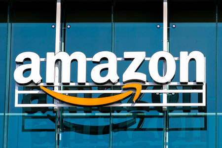 Nov 22, 2019 Palo Alto / CA / USA - Close up of Amazon logo and Smile symbol at one of their...