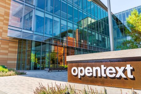 August 15, 2019 San Mateo / CA / USA - Opentext headquarters in Silicon Valley; OpenText Corporation is a Canadian company that develops and sells enterprise information management (EIM) softwareのeditorial素材