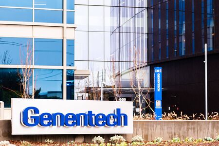 Dec 3, 2019 South San Francisco / CA / USA - Genentech headquarters in San Francisco Bay Area; Genentech, Inc., is an American biotechnology corporation which became a subsidiary of Roche in 2009のeditorial素材