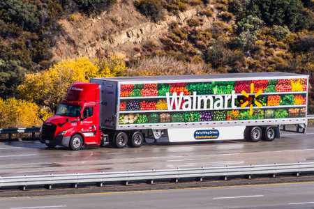 Dec 8, 2019 Los Angeles / CA / USA - Walmart truck driving on the interstate, after the rain