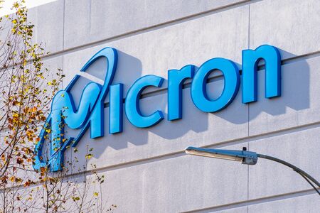 Dec 14, 2019 San Jose / CA / USA - Close up of Micron Logo at their headquarters in Silicon Valley; Micron Technology, Inc. is an American producer of computer memory and computer data storageのeditorial素材