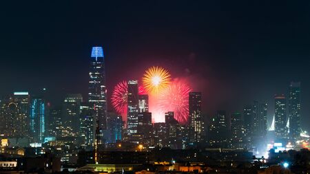 San Francisco downtown skyline visible against the New Year's Day Fireworks Show;の写真素材