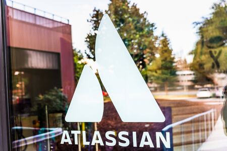 Jan 12, 2020 Mountain View / CA / USA - Atlassian logo at their headquarters in Silicon Valley; Atlassian Corporation Plc is an Australian multinational enterprise software companyのeditorial素材