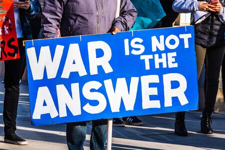 January 4, 2020 San Jose / CA / USA - Close up of War is not the Answer sign displayed at the anti-war rally in front of the Cityhall in downtown San Jose;のeditorial素材
