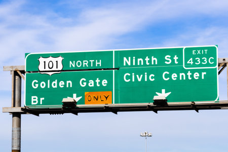 San Francisco road signage providing directions to Highway 101 North towards Golden Gate Bridge and...