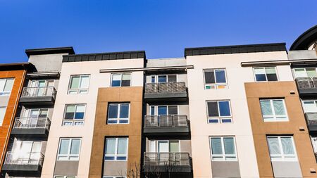 Exterior view of multifamily residential building; Sunnyvale, San Francisco bay area, Californiaの写真素材