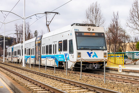 Jan 27, 2020 Sunnyvale / CA / USA - VTA train on the newly launched Orange line connecting Mountain...