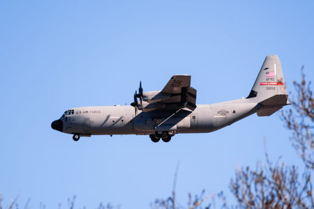 Feb 6, 2020 Mountain View / CA / USA - Lockheed C-130J Hercules aircraft, part of the United States...