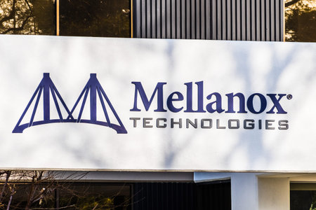 Feb 20, 2020 Santa Clara / CA / USA - Mellanox Technologies logo at the Silicon Valley offices;...