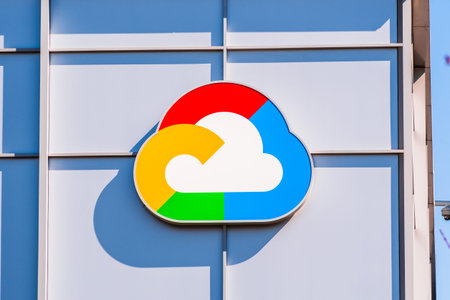 Feb 24, 2020 Sunnyvale / CA / USA - Close up of Google Cloud symbol displayed at their headquarters in Silicon Valley; South San Francisco bay areaのeditorial素材
