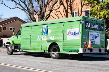 Feb 26, 2020 Sunnyvale / CA / USA - Alhambra Water delivery service truck parked on a street;...