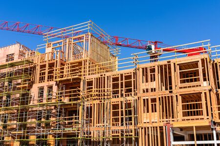 Exterior view of multifamily residential building under construction in Palo Alto; the entire Silicon Valley and San Francisco Bay Area is facing a housing crisis, with increased housing costsの写真素材