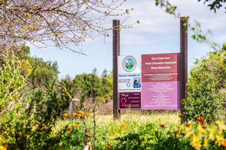 Mar 13, 2020 Santa Clara / CA / USA - Ulistac Natural Area information panel placed at the park...