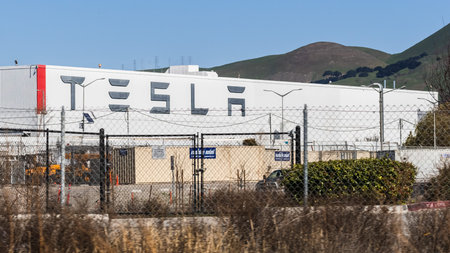 Feb 17, 2020 Fremont / CA / USA - Exterior view of Tesla Factory located in East San Francisco bay...
