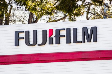 Mar 30, 2020 Santa Clara / CA / USA - Close up of Fujifilm logo displayed at their Silicon Valley...