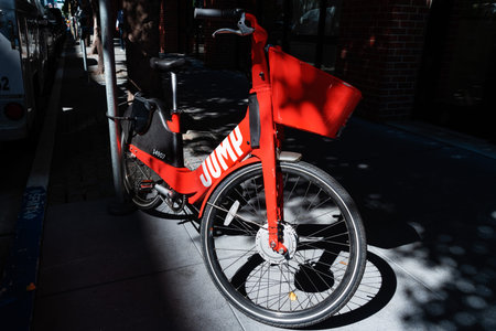 August 21, 2019 San Francisco / CA / USA - Jump electric bike parked in downtown San Francisco; JUMP...