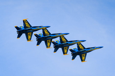 Oct 12, 2019 San Francisco / CA / USA - The Blue Angels flying in formation for Fleet Week airshow;...