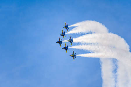 Oct 12, 2019 San Francisco / CA / USA - The Blue Angels flying in formation for Fleet Week airshow; The Blue Angels is the United States Navy's flight demonstration squadronのeditorial素材