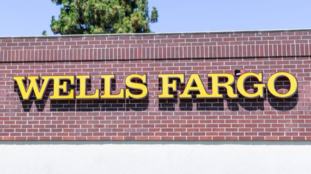 July 28, 2020 Sunnyvale / CA / USA - Close up of Wells Fargo sign at their branch in the downtown...