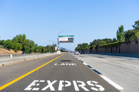 Aug 8, 2020 San Ramon / CA / USA - Designated express lane on a freeway in San Francisco Bay Area;...