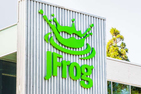 Aug 13, 2019 Sunnyvale / CA / USA - JFrog logo at their headquarters in Silicon Valley; JFrog Ltd. operates as a software development company and provides technologies and tools for the everyday useのeditorial素材