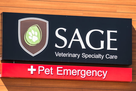 July 30, 2020 Redwood City / CA / USA - Close up of Sage Veterinary Specialty Care and Pet Emergency signage displayed at one of their locations in San Francisco Bay Areaのeditorial素材