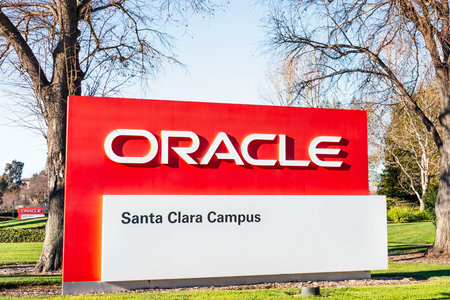 February 7, 2020 Santa Clara / CA / USA - Oracle logo at their campus in Silicon Valley; Oracle...