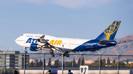 Oct 9, 2020 San Jose / CA / USA - Atlas Air aircraft landing in South San Francisco Bay Area; Atlas Air, Inc. is a cargo airline, passenger charter airline, and aircraft lessorのeditorial素材