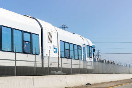 Oct 4, 2020 Pittsburg / CA / USA - BART Diesel train travelling in East San Francisco bay area;  BART to Antioch is a diesel multiple unit (DMU) line newly opened in 2018のeditorial素材