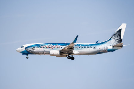Sep 25, 2020 San Jose / CA / USA - Alaska Airlines (Salmon-Thirty-Salmon Livery) aircraft arriving...