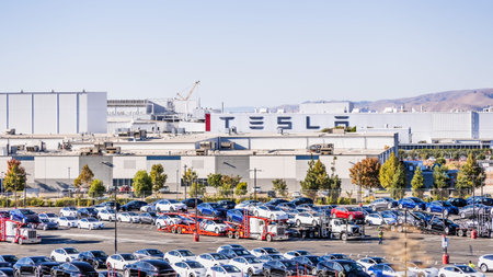 Oct 14, 2020 Fremont / CA / USA - Tesla Factory located in East San Francisco bay area; Large Tesla...
