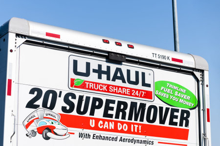 Oct 28, 2020 Concord / CA / USA - U-Haul logo displayed on a moving van; U-Haul is an American...