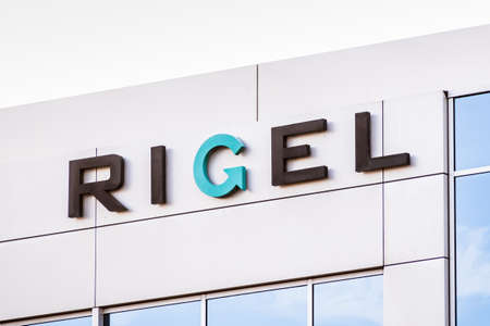 Sep 21, 2020 South San Francisco / CA / USA - Rigel sign at the Silicon Valley HQ; Rigel is a biotech pharma company whose drug fostamatinib, is being evaluated for the treatment of COVID-19 pneumoniaのeditorial素材
