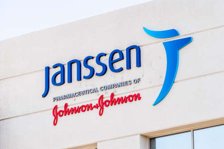 Sep 21, 2020 South San Francisco / CA / USA - Janssen logo at their Silicon Valley HQ; Janssen Research and Development, part of Johnson & Johnson, is currently developing a vaccine against COVID-19のeditorial素材